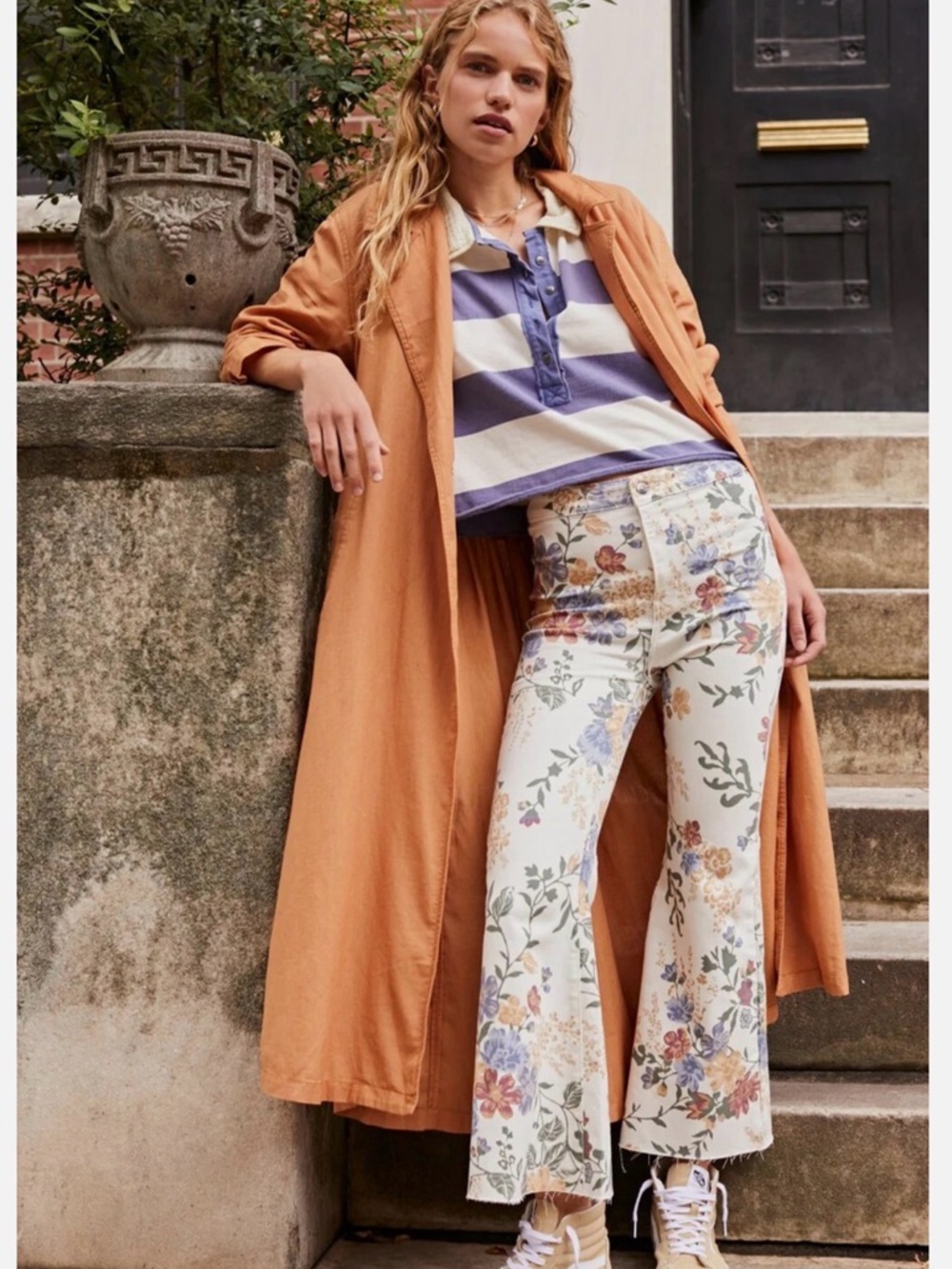 Free People Rae Duster Jacket Bright Cider Orange Long Coat Boho L